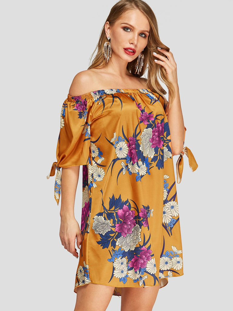 Off The Shoulder Floral Print Half Sleeve Orange Blouses