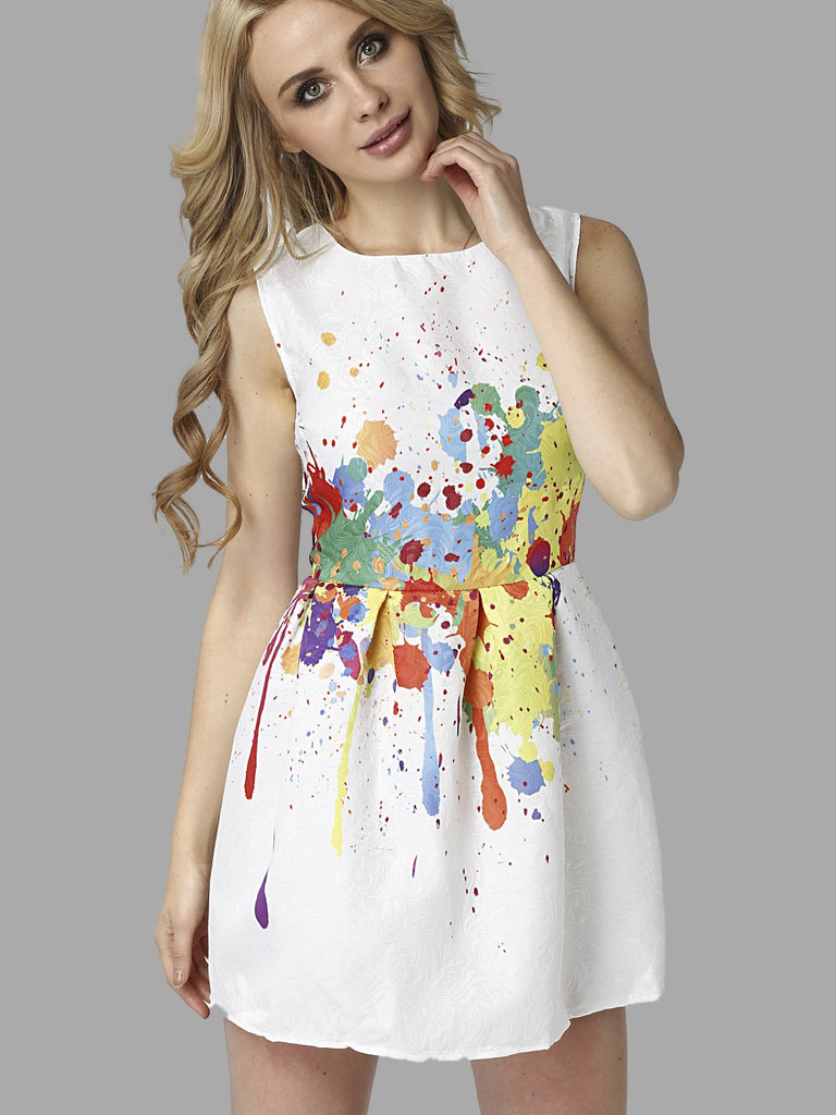 Crew Neck Sleeveless Floral Print Zip Back Ruffle Hem Mini Dress