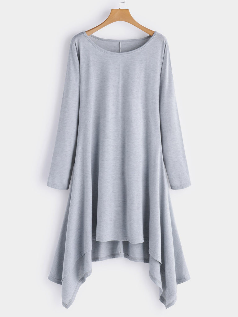 Grey Round Neck Long Sleeve Plain Irregular Hem Casual Dresses