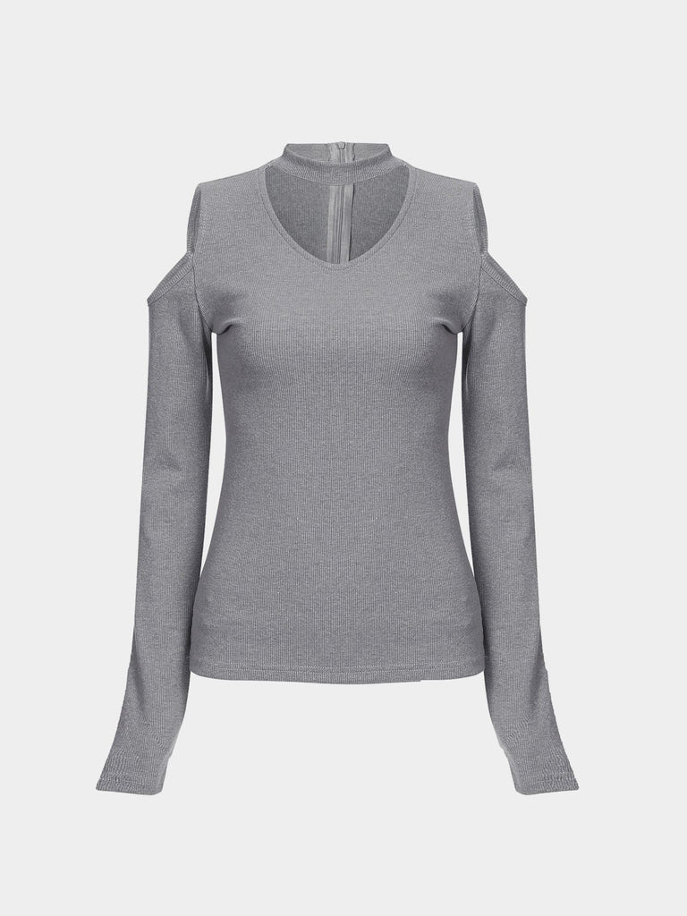 Cold Shoulder Zip Back Long Sleeve Grey T-Shirts