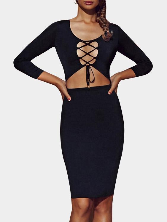 Black Round Neck Long Sleeve Plain Lace-Up Cut Out Dresses