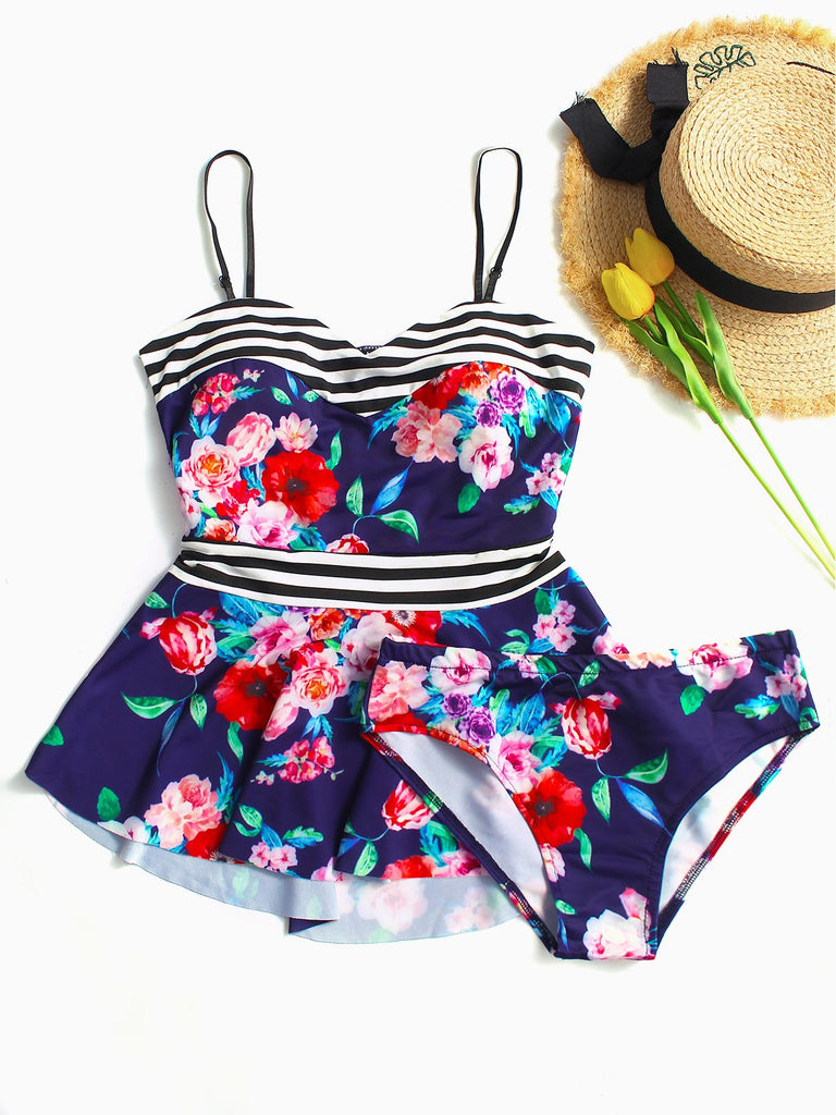 V-Neck Sleeveless Stripe Floral Print Cut Out Flounced Hem Bikinis