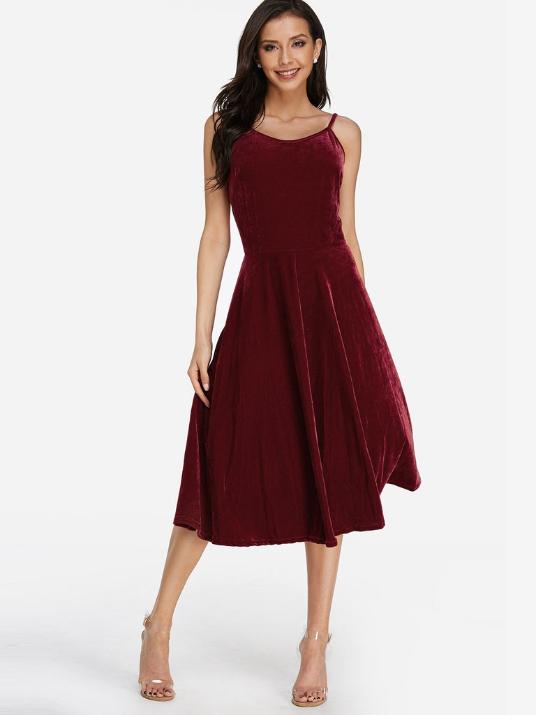 Burgundy Sleeveless Backless Lace-Up Spaghetti Strap Midi Dress