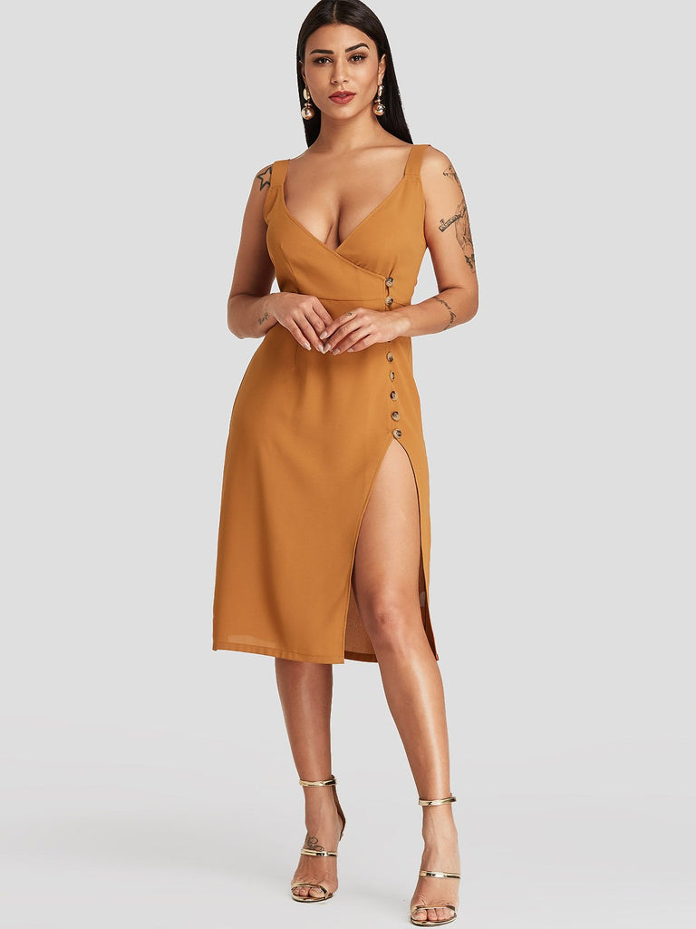 Womens Yellow V-Neck Dresses