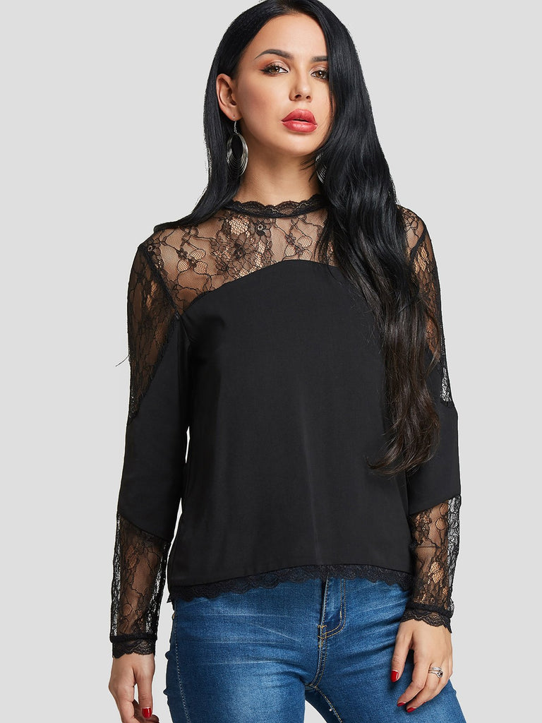 Round Neck Sheer Plain Lace Long Sleeve Black Blouses