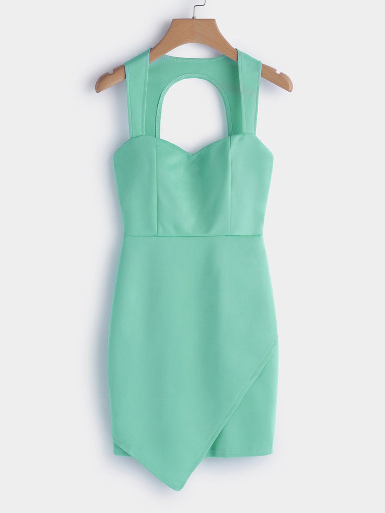 Green Sleeveless Plain Zip Back Backless Cut Out Irregular Hem Dresses