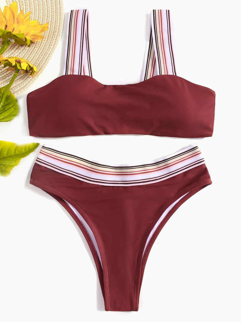Burgundy Sleeveless Plain Spaghetti Strap Two Piece Bikinis