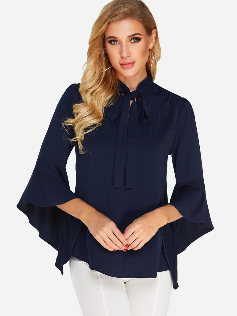Perkins Collar Plain Lace-Up 3/4 Sleeve Navy Blouses