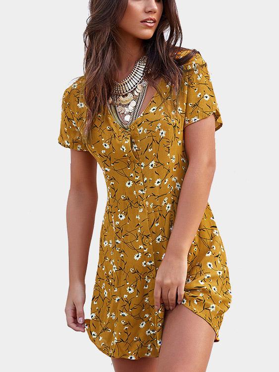 V-Neck Short Sleeve Floral Print Lace-Up Mini Dress