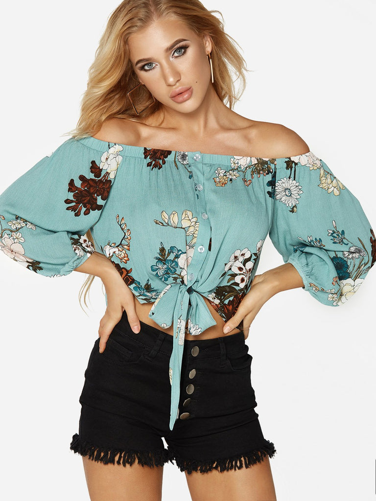 Off The Shoulder Floral Print Lace-Up Long Sleeve Blue Blouses