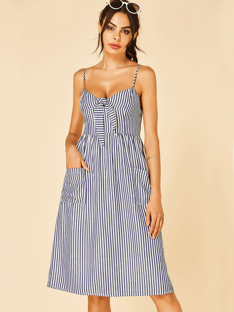 Blue V-Neck Sleeveless Stripe Backless High-Waisted Midi Dresses