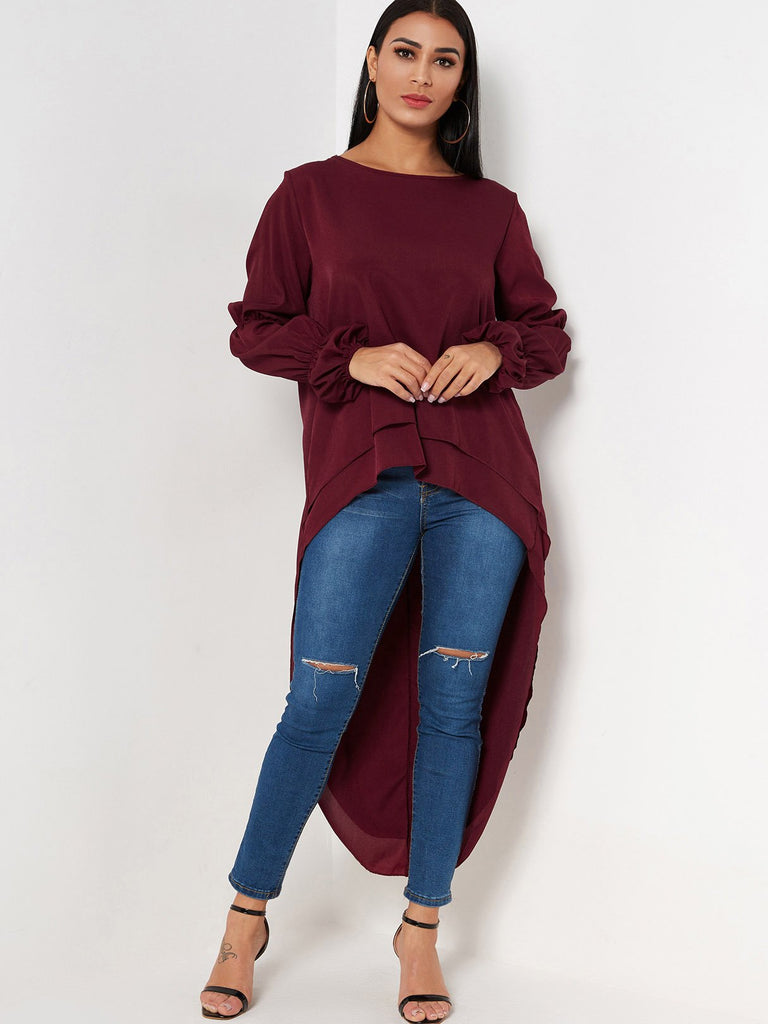 Round Neck Plain Tiered Long Sleeve Burgundy T-Shirts
