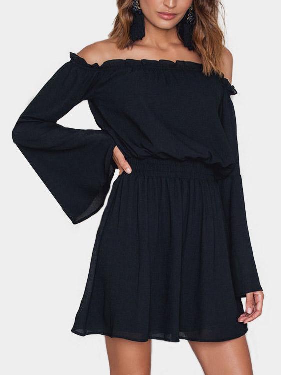 Black Off The Shoulder Long Sleeve Backless Ruffle Hem Mini Dress