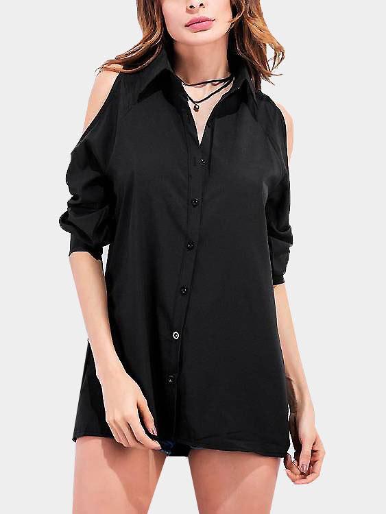 Cold Shoulder Plain Pleated Long Sleeve Black Blouses