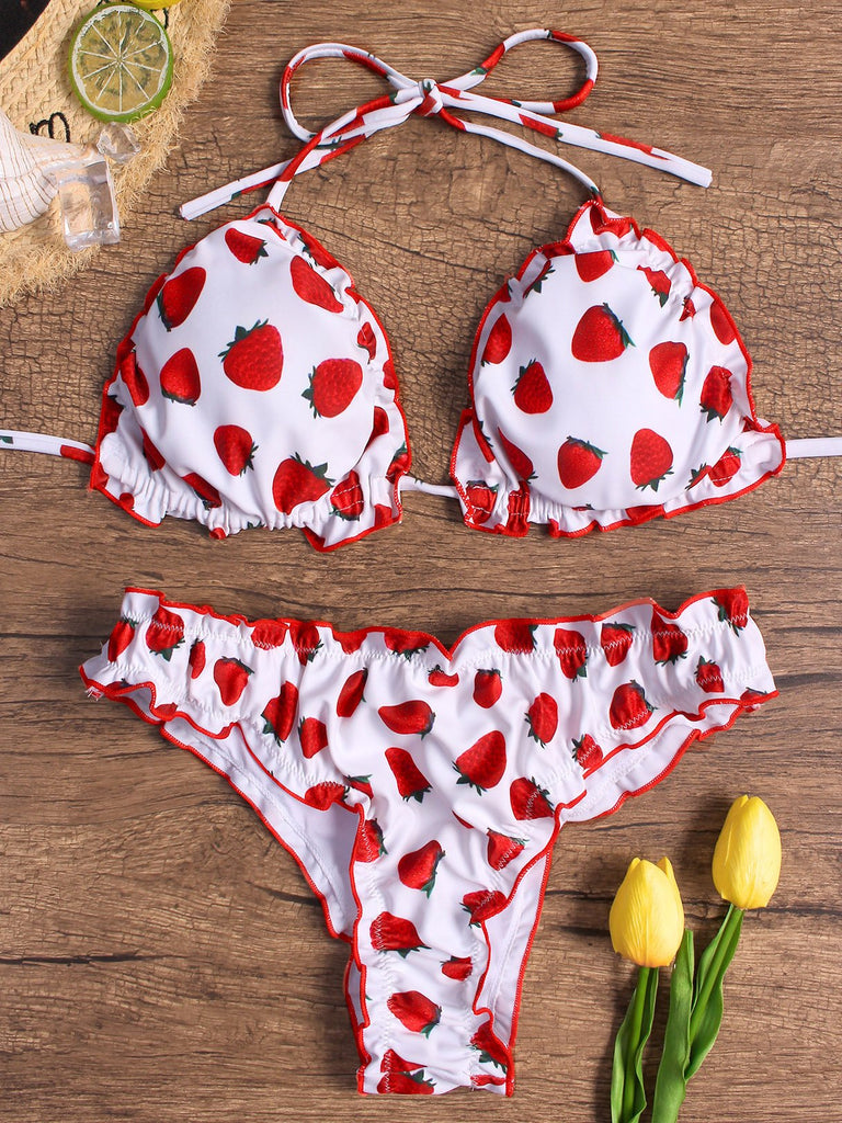 Red V-Neck Sleeveless Printed Bikinis