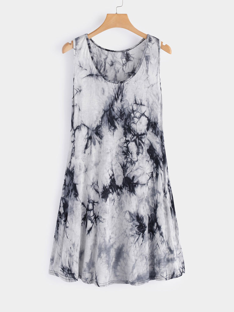 Grey Round Neck Sleeveless Floral Print Side Pockets Mini Dress