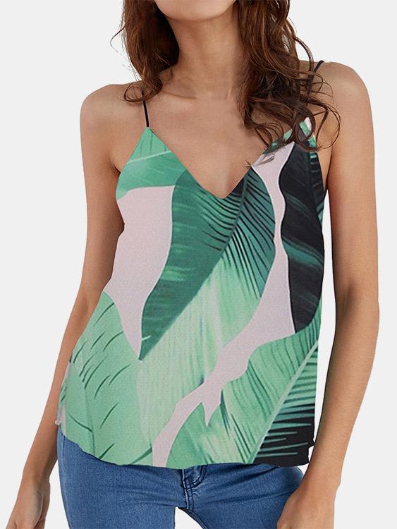 V-Neck Printed Backless Spaghetti Strap Sleeveless Curved Hem Camis