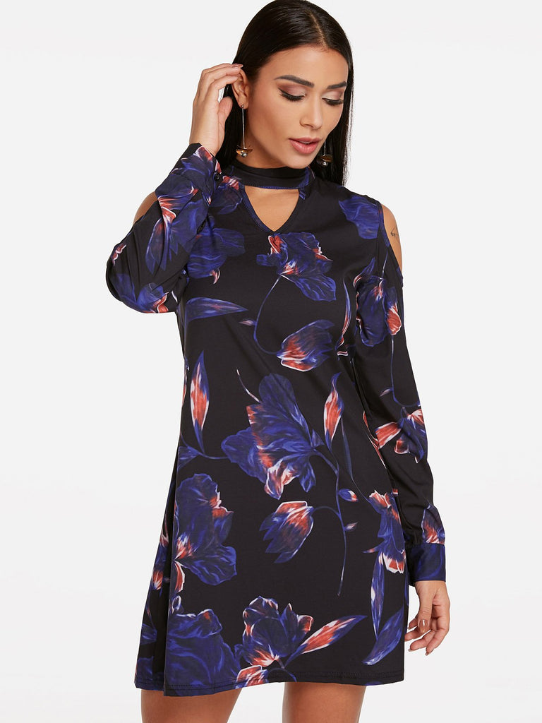 Navy Perkins Collar Cold Shoulder Long Sleeve Floral Print Cut Out Dresses