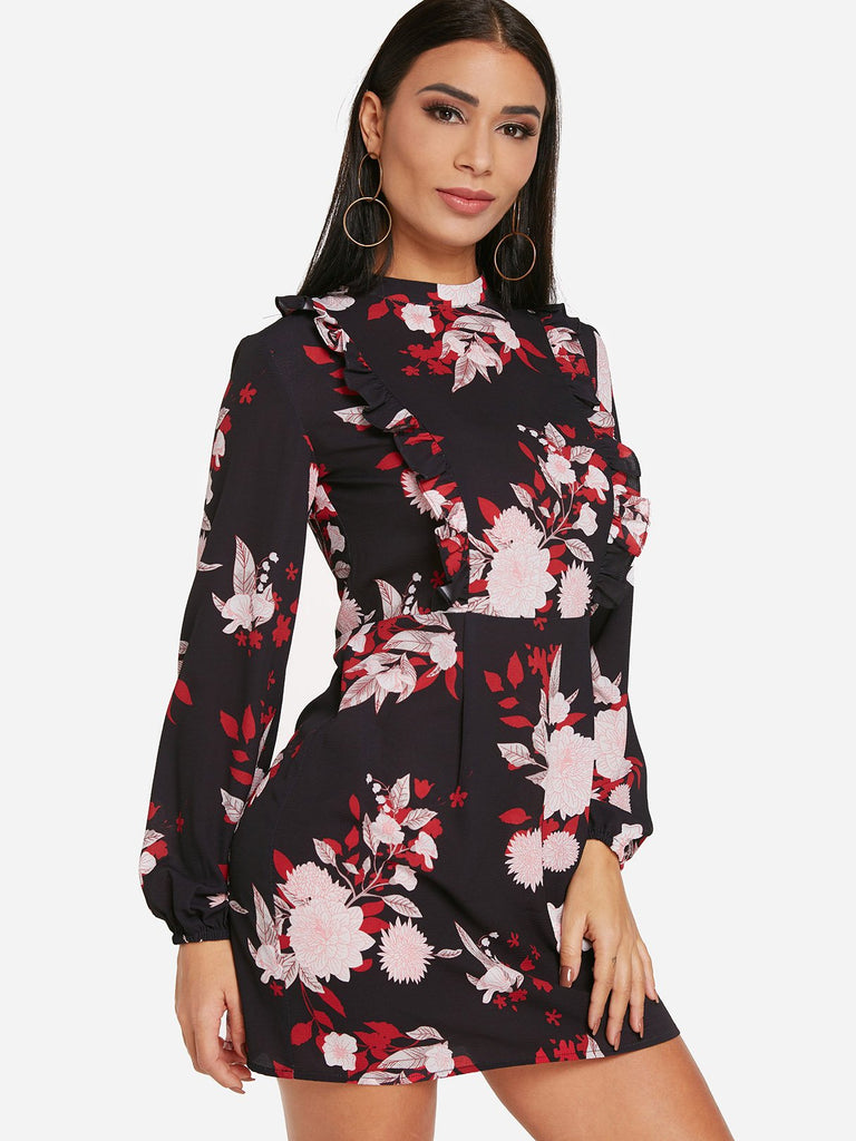 Black Crew Neck Long Sleeve Floral Print Dresses