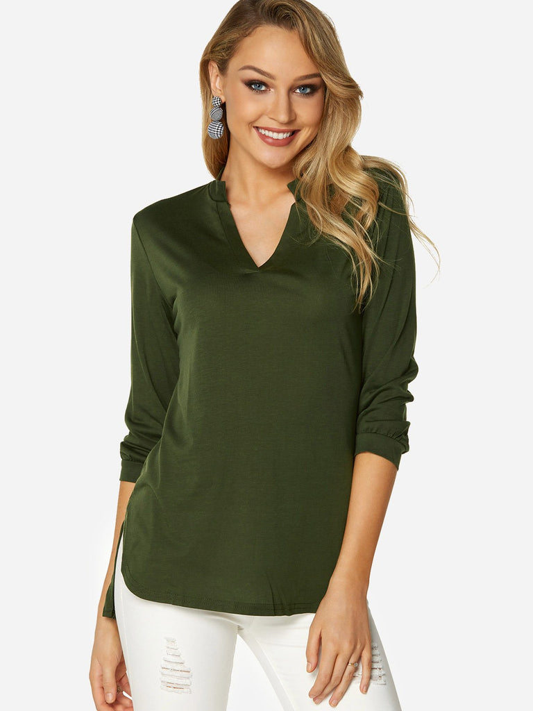 V-Neck Plain 3/4 Sleeve Curved Hem T-Shirts