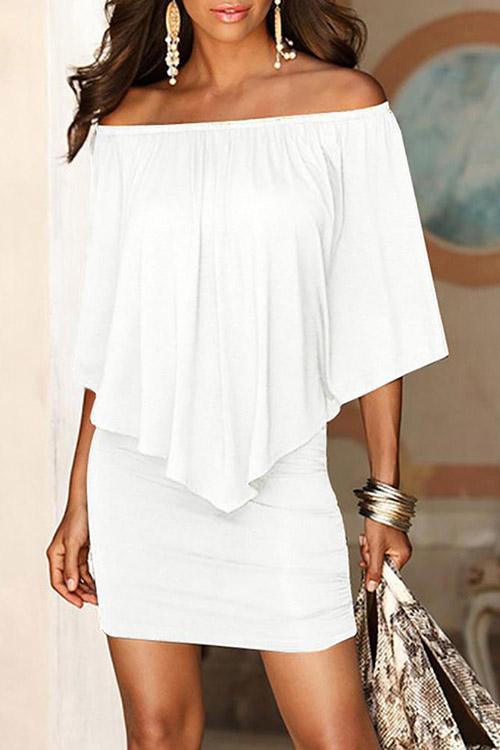 Off The Shoulder Half Sleeve Ruffle Hem Mini Dresses