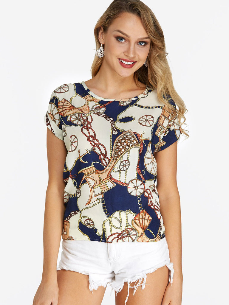 Round Neck Printed Short Sleeve Beige T-Shirts