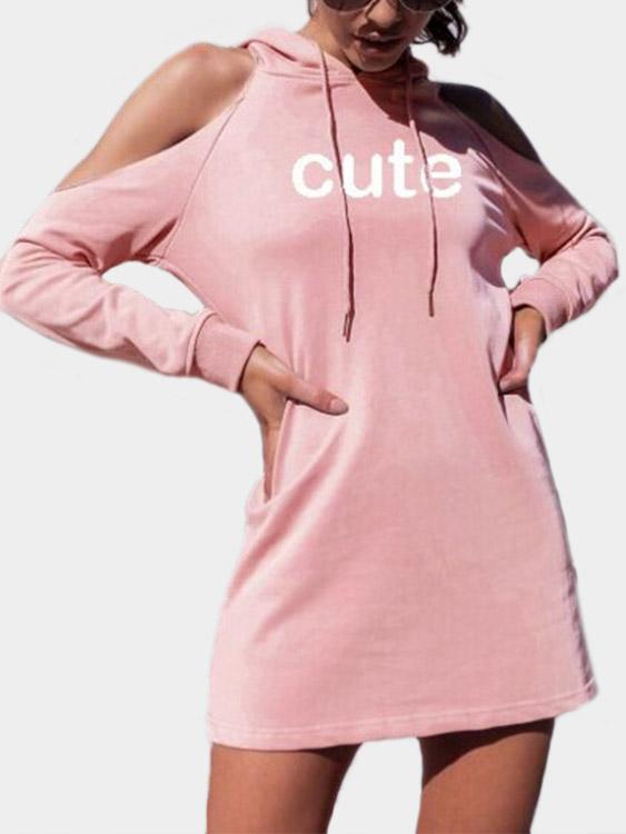 Pink Cold Shoulder Pullover Long Sleeve Letter Hooded Mini Dress