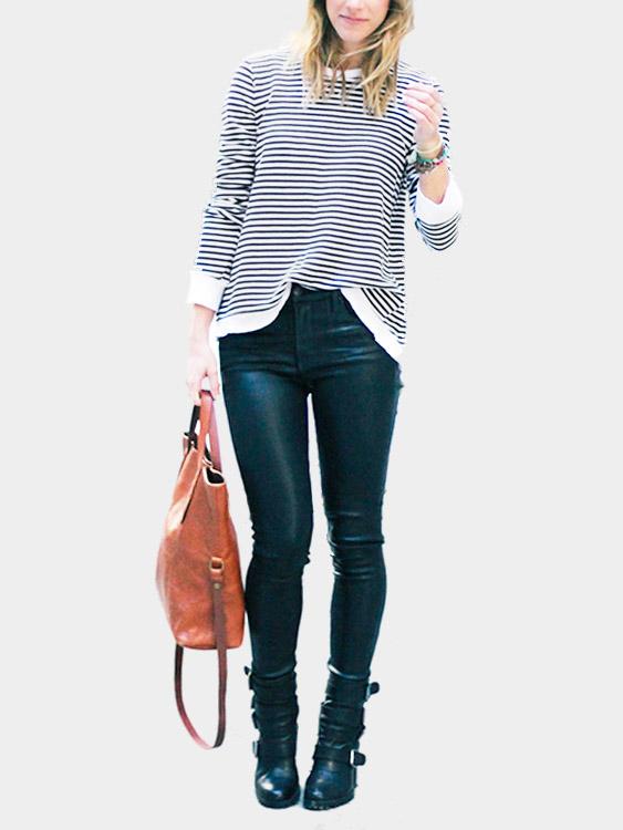 Round Neck Stripe Long Sleeve Black & White T-Shirts