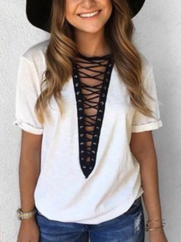 Deep V Neck Crossed Front Lace-Up Short Sleeve White T-Shirts