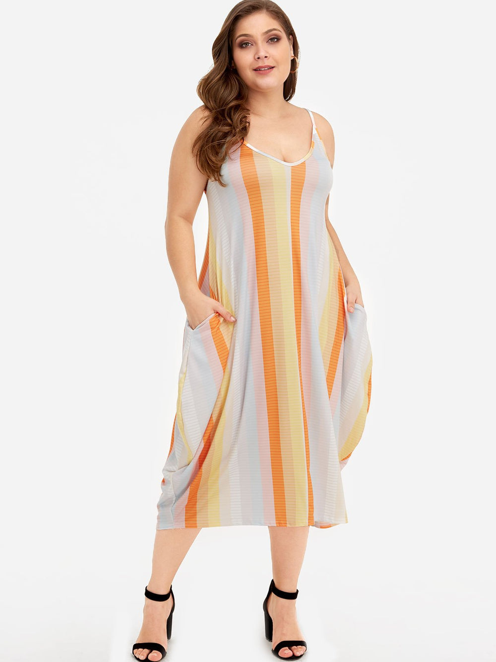 V-Neck Stripe Fantasy Colour Spaghetti Strap Sleeveless Plus Size Dresses