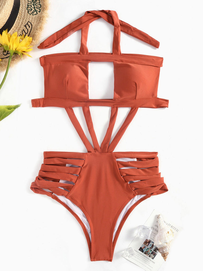 Brown Halter Sleeveless Plain Hollow One-Pieces
