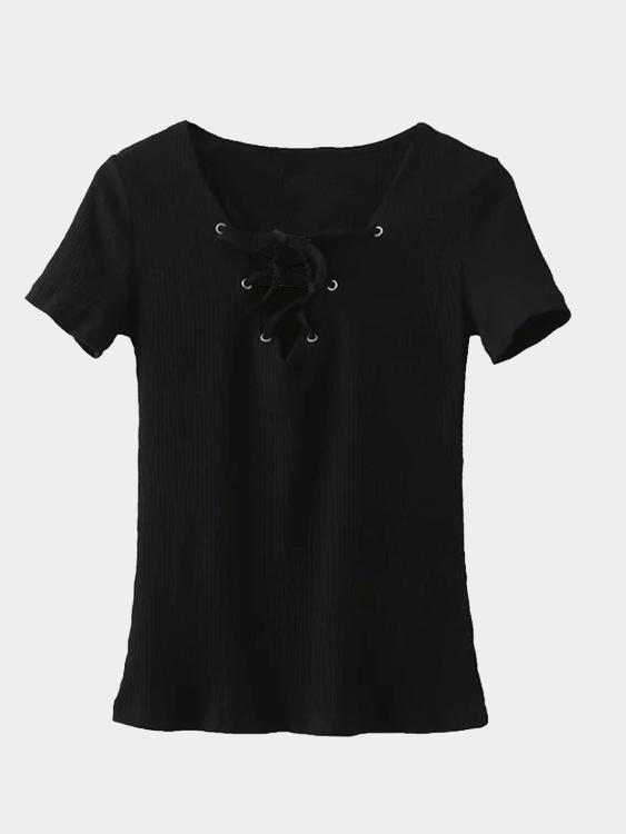 Short Sleeve Lace-Up Front Knit T-Shirt