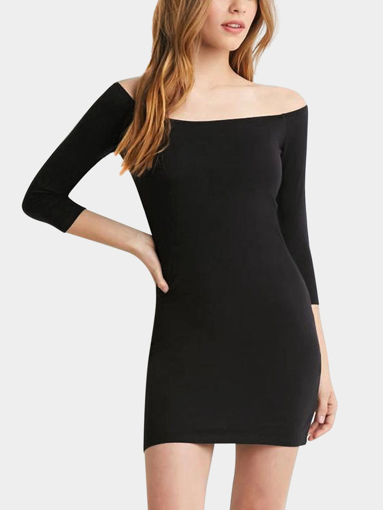 Off The Shoulder Plain 3/4 Length Sleeve Black Dresses