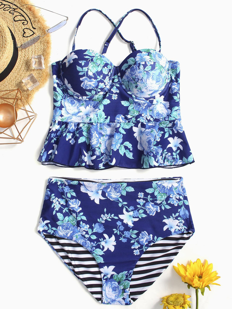 Blue Halter Sleeveless Floral Print Backless Flounced Hem Two Piece Bikinis