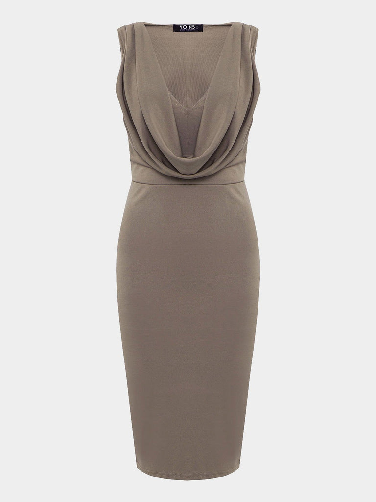 Khaki V-Neck Drape Sagging Sleeveless Plain Pleated Midi Dress