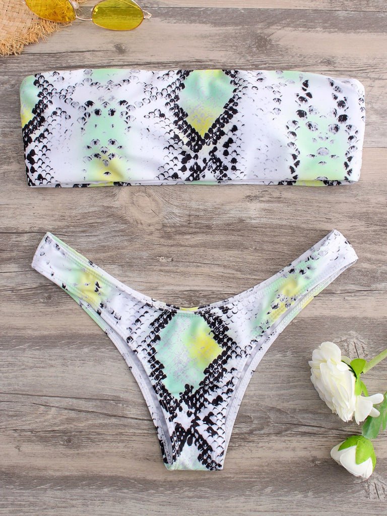 Halter Deep V Neck Sleeveless Animal Backless Bikini Suit