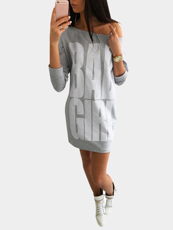 Grey Round Neck Long Sleeve Casual Dresses