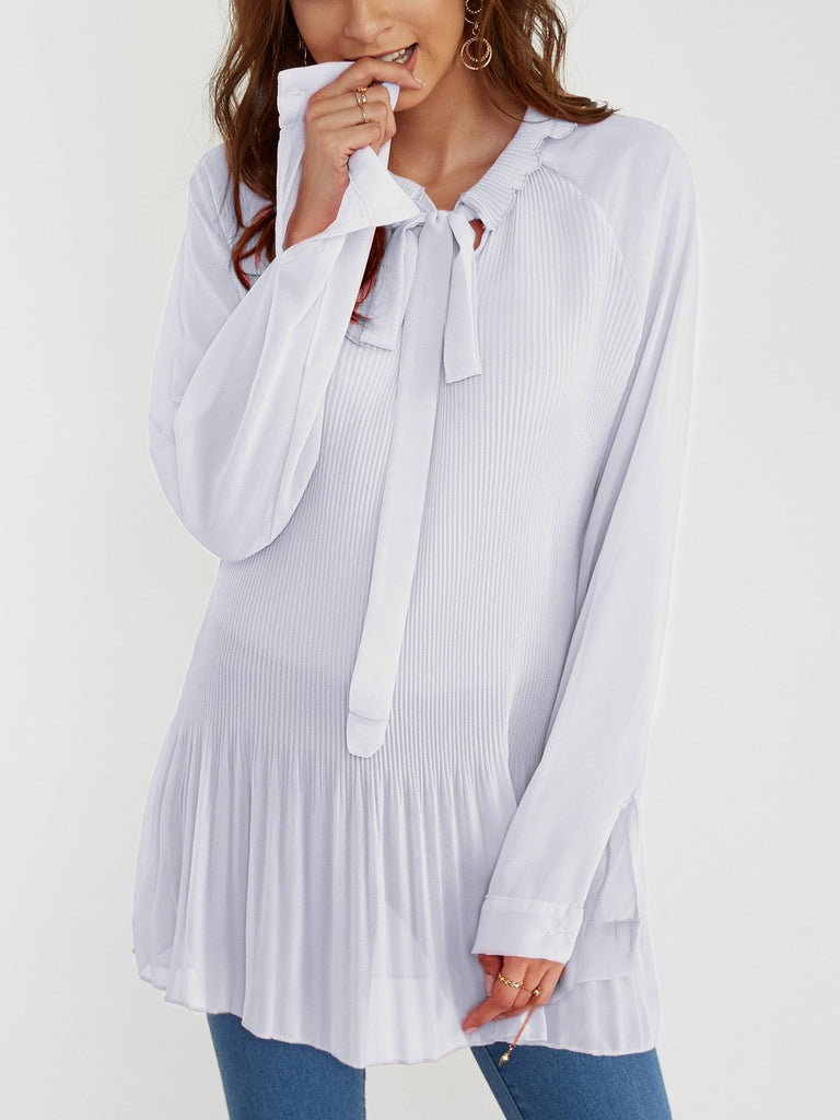 Lace-Up Pleated Long Sleeve Ruffle Hem White Blouses