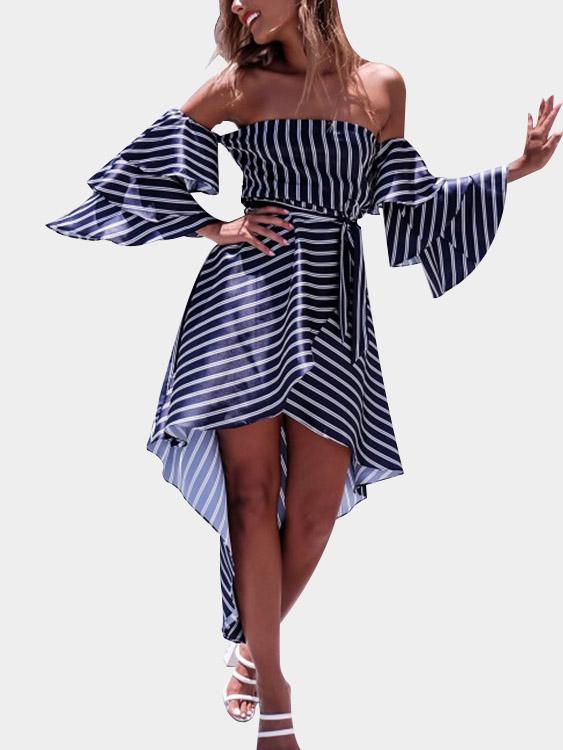 Navy Off The Shoulder Long Sleeve Tiered Zip Back Pleated Slit Hem Dresses