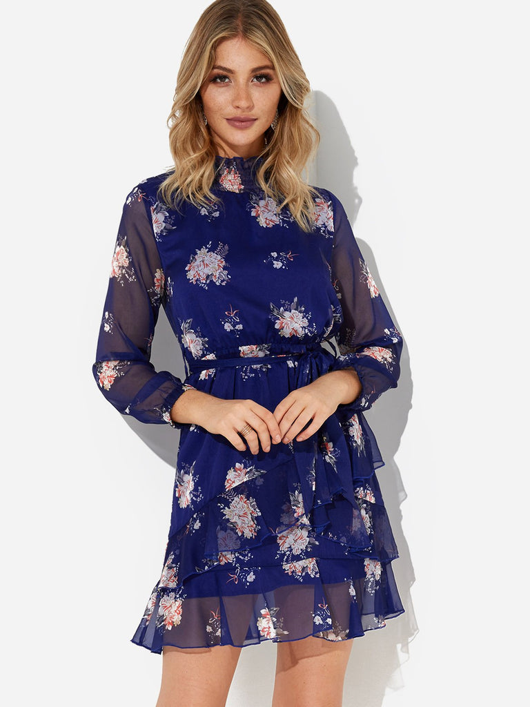 Navy Long Sleeve Floral Print See Through Dresses