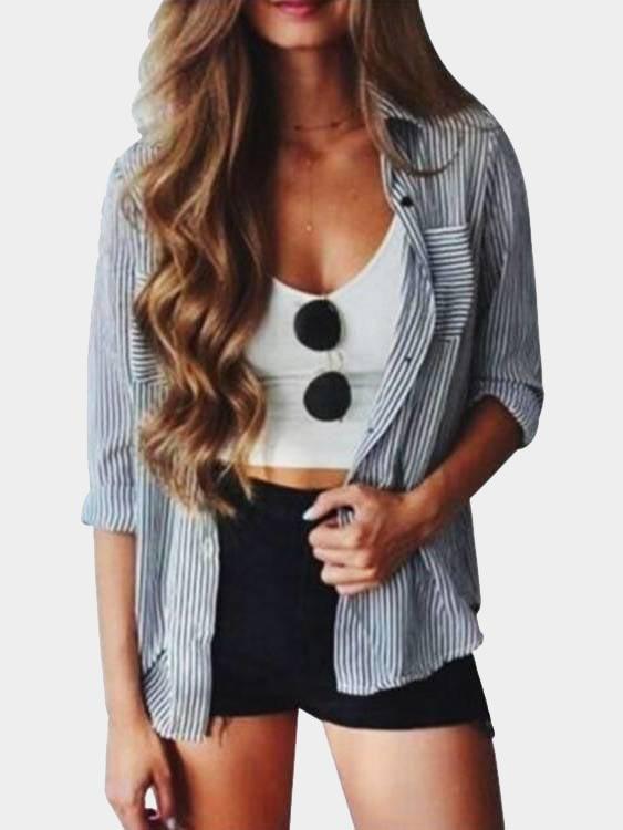 Classic Collar Stripe Two Large Pockets Long Sleeve Blouses