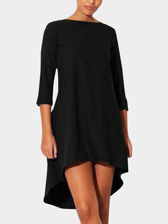 Black Bateau Half Sleeve Plain Irregular Hem Midi Dress