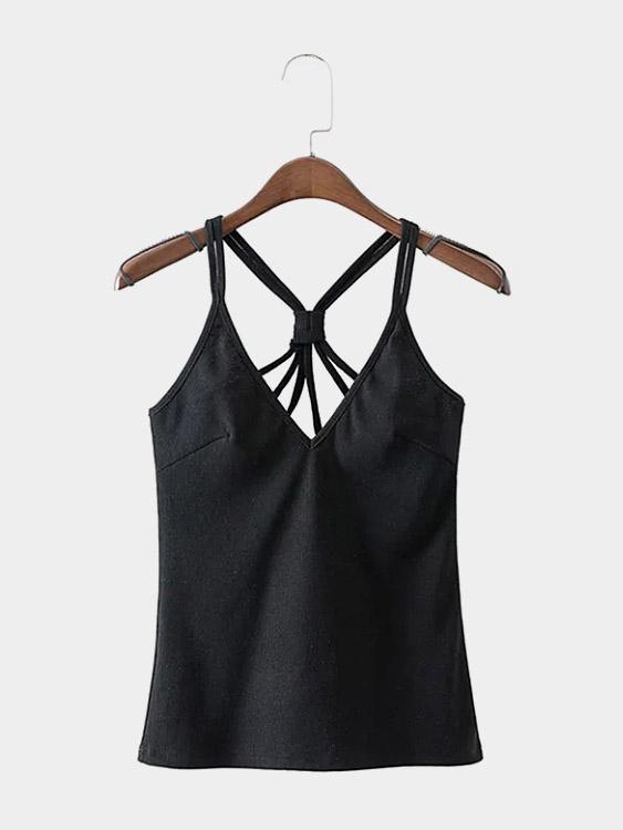 Plunging Neck Ribbed Strappy Sleeveless Black Camis