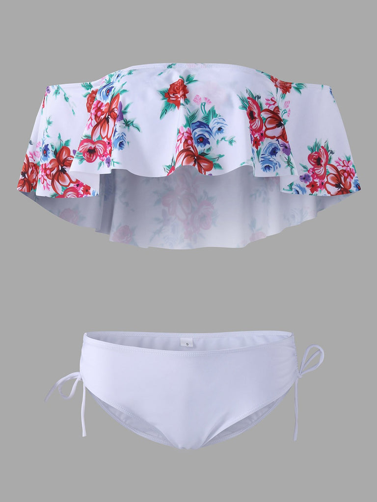 Strapless Off The Shoulder Floral Print Lace-Up Sleeveless White Bikinis