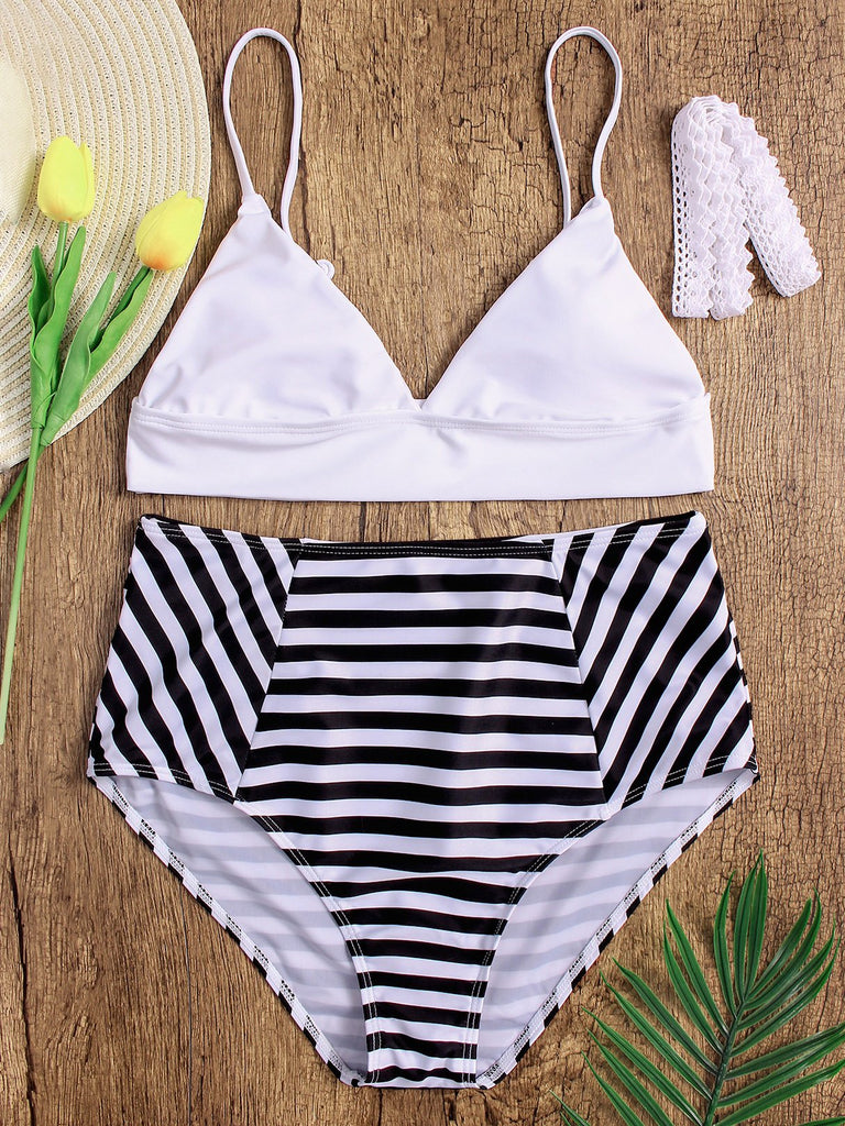 Black V-Neck Sleeveless Stripe Plain Lace-Up High-Waisted Bikinis