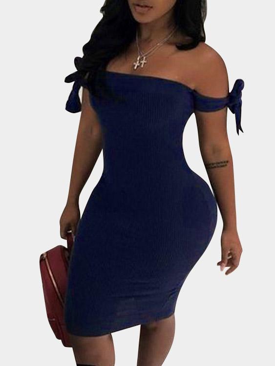 Navy Off The Shoulder Short Sleeve Plain Bodycon Dresses