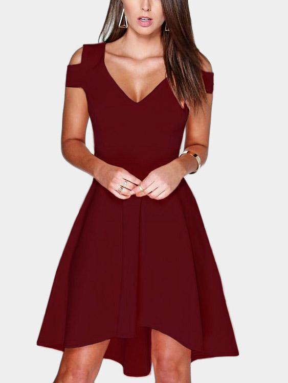 Burgundy V-Neck Cold Shoulder Cut Out Mini Dress