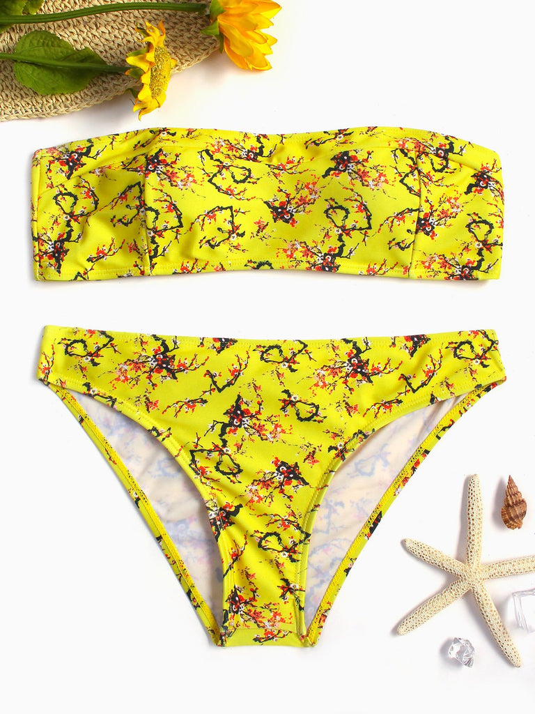 Yellow Strapless Off The Shoulder Sleeveless Floral Print Backless Two Piece Bikinis