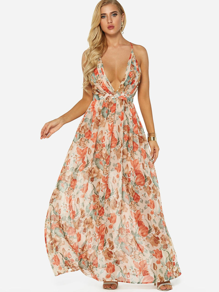 Halter Deep V Neck Sleeveless Floral Print Backless See Through Criss-Cross Maxi Dress