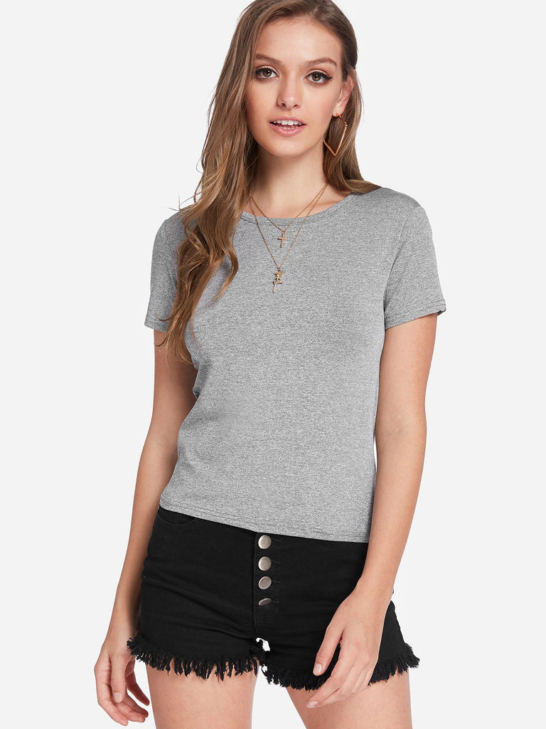 Round Neck Plain Short Sleeve Grey T-Shirts